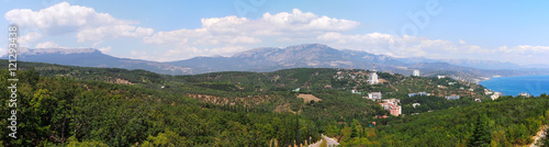 Panorama of Alushta's valley, view from the Mount Qastel on Demerdji and Chatyr-Dag mountains, city and sea 