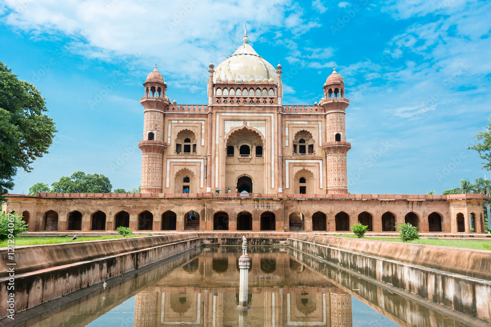 Safdar Jung's Tomb, Delhi, India. Safdarjung's Tomb is a sandstone and marble mausoleum in New Delhi, India. It was built in 1754 in the late Mughal Empire style for the statesman Safdarjung.


