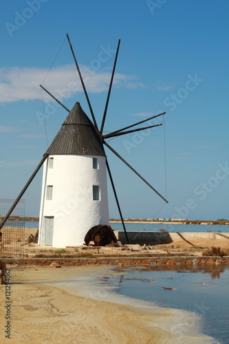 Traditional windmill in the salt marshes of San Pedro del Pinatar, in the region of Murcia, Spain