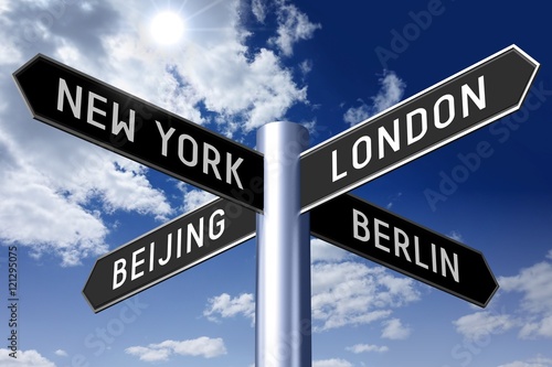 Signpost with four arrows - capital cities (New York, London, Beijing, Berlin).