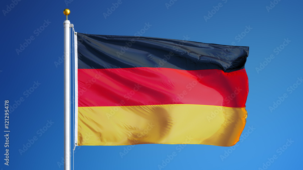 Germany flag waving against clean blue sky, close up, isolated with clipping path mask alpha channel transparency Germany flag waving against clean blue sky, close up, isolated with clipping path mask alpha channel transparency