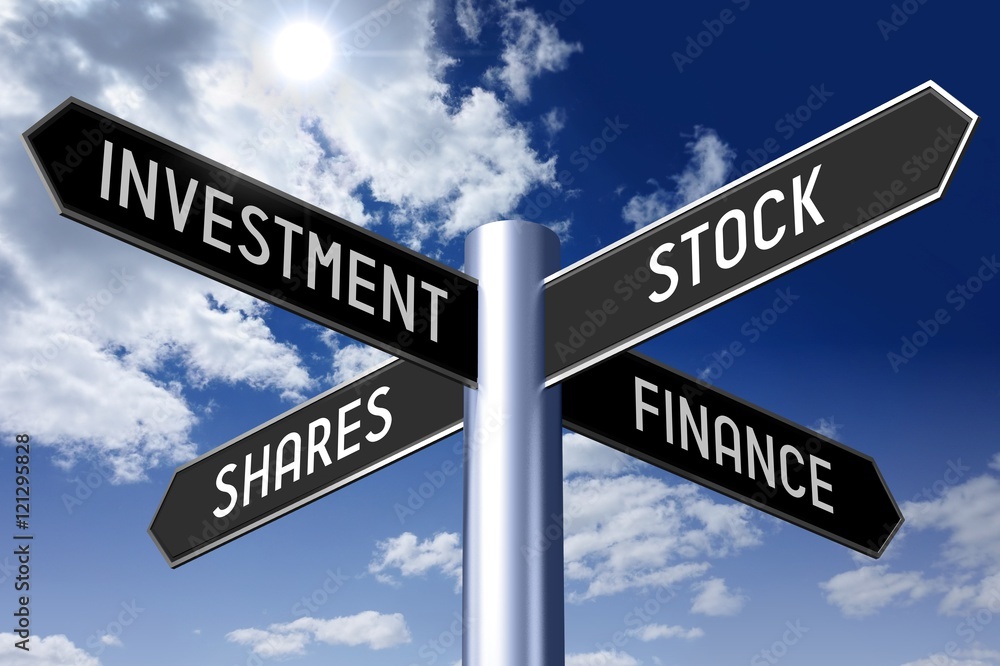 Signpost with four arrows - stock, investment, shares, finance. Signpost with four arrows - stock, investment, shares, finance.