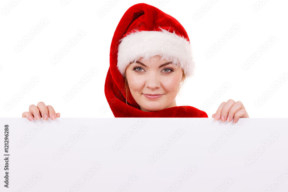 Woman with blank empty banner board. Christmas Woman with blank empty banner board. Christmas