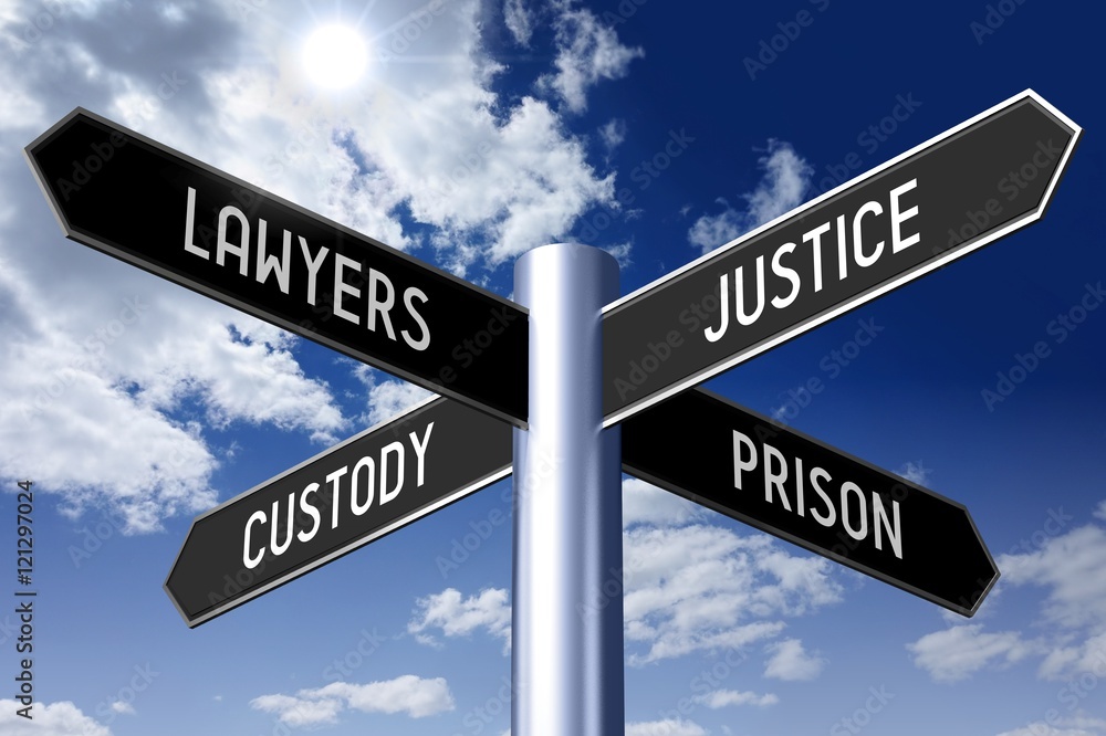 Signpost with four arrows - law concept (lawyers, justice, custody, prison). Signpost with four arrows - law concept (lawyers, justice, custody, prison).