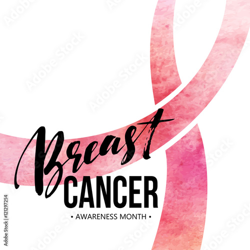 Breast cancer card. Awareness month ribbon. Watercolor texture. Modern brush calligraphy. Isolated on white background. Vector illustration