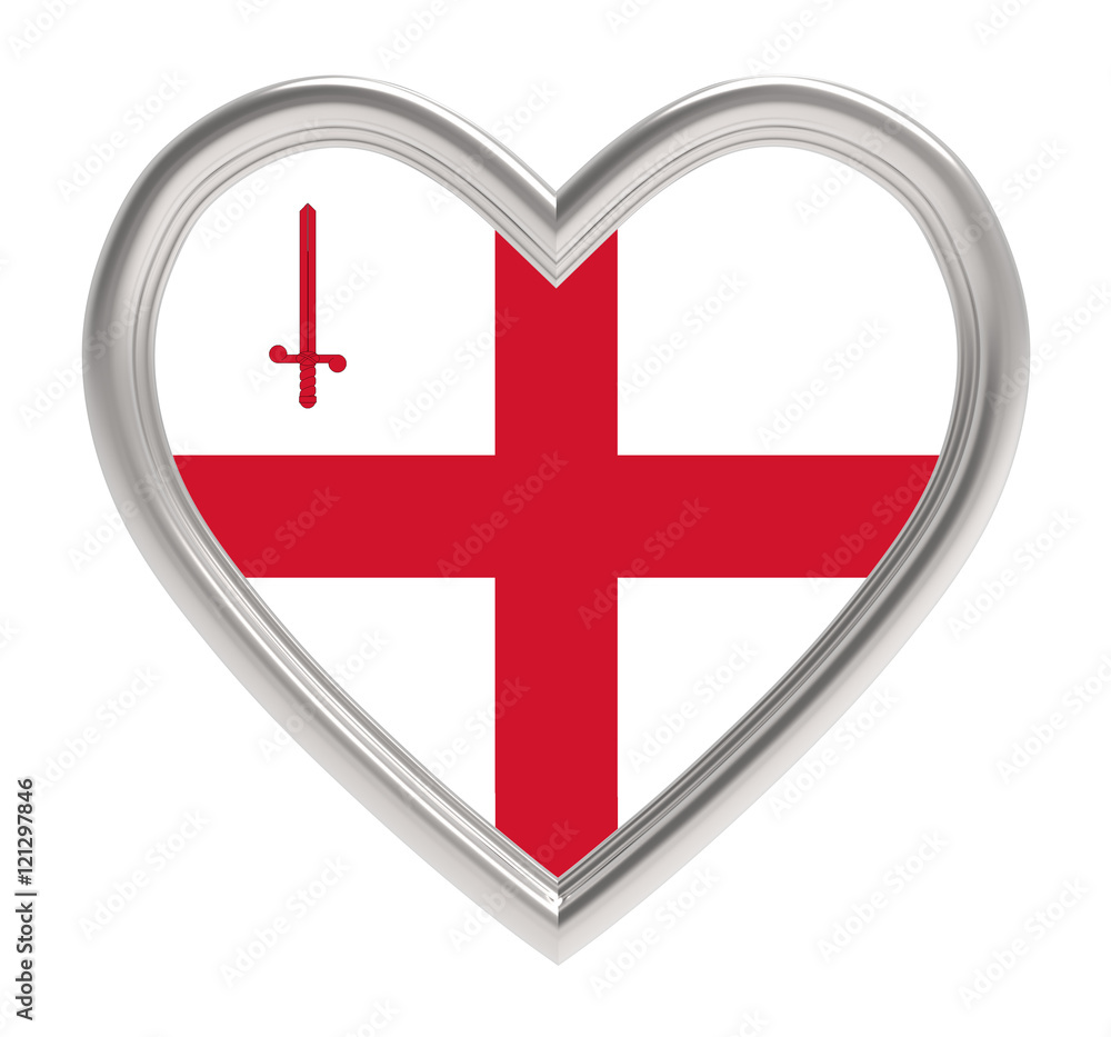 London flag in silver heart isolated on white background. 3D illustration. London flag in silver heart isolated on white background. 3D illustration.