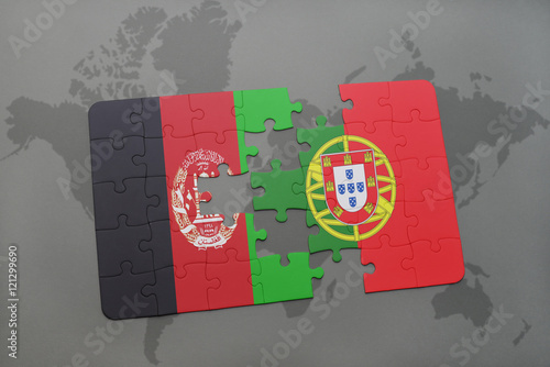 puzzle with the national flag of afghanistan and portugal on a world map background.