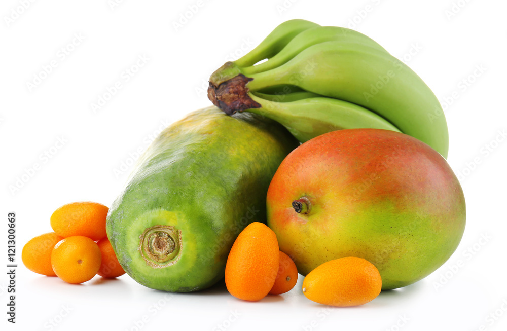Exotic fruits: mango, bananas, papaya and kumquats isolated on white