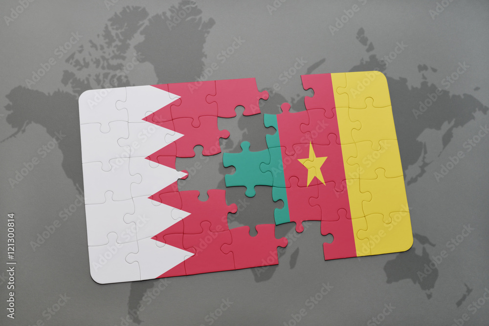 puzzle with the national flag of bahrain and cameroon on a world map ...