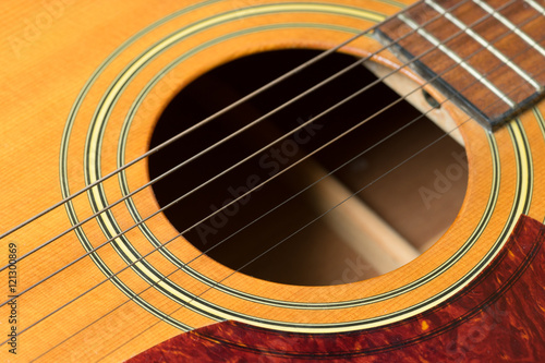 Close up on a classic guitar made of wood