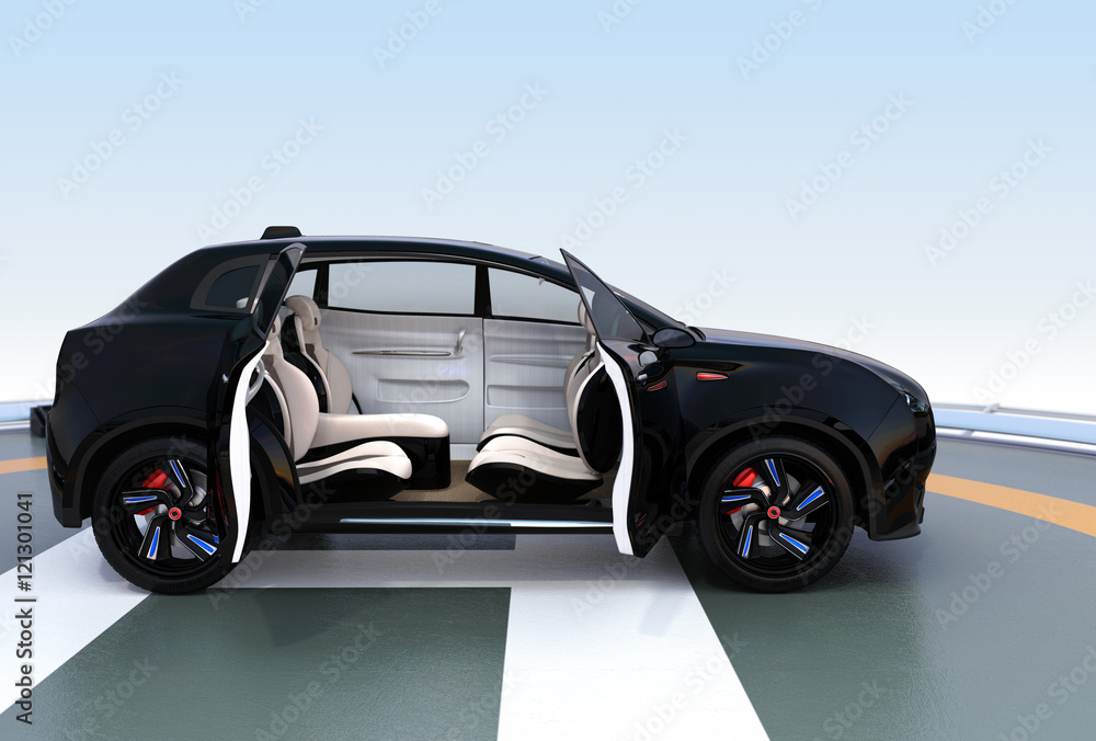 Naklejka premium Black electric SUV parking on the helipad. The doors opened and front seats rotated to backward. Concept for autonomous vehicle. 3D rendering image.