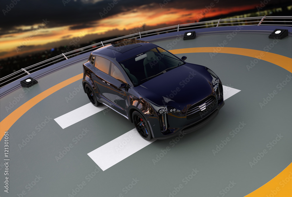 Black electric SUV parking on the helipad. 3D rendering image.