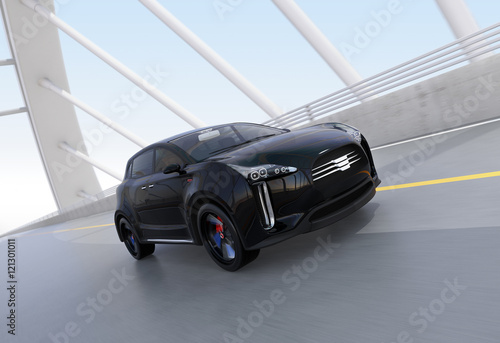 Black electric SUV driving on arc bridge. 3D rendering image.