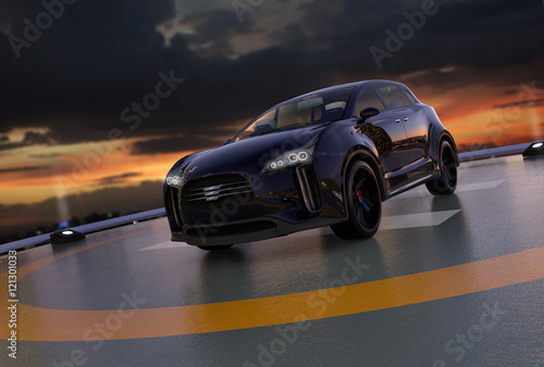 Black electric SUV parking on the helipad. 3D rendering image.