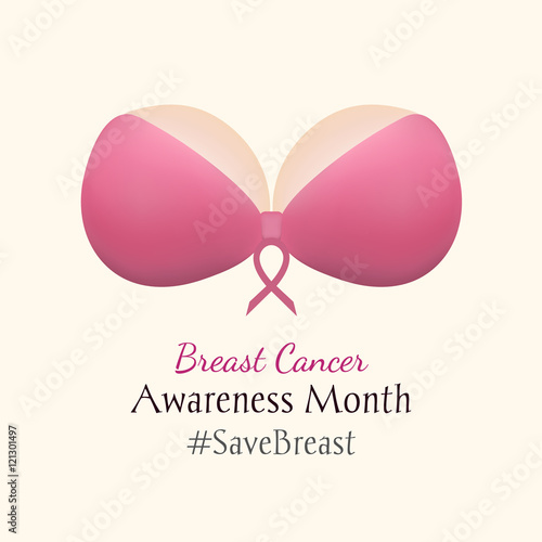 National Breast Cancer Awareness Month. Woman's breast in a pink bra on a white background. Vector illustration, eps10.