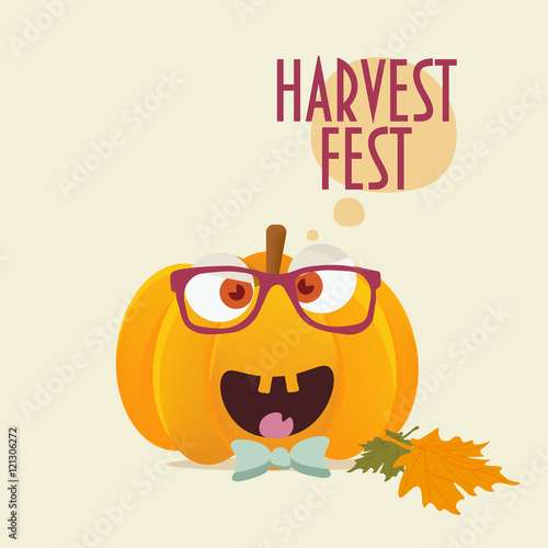 Happy Anthropomorphic Pumpkin Boy with glasses and bow tie. Nice Cartoon styled Pumpkin face with Maple Leaves. Fall fest promotion.