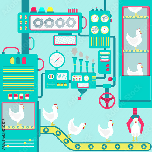 Colorful factory of chickens with machines. Fantasy. Conceptual. Flat design.