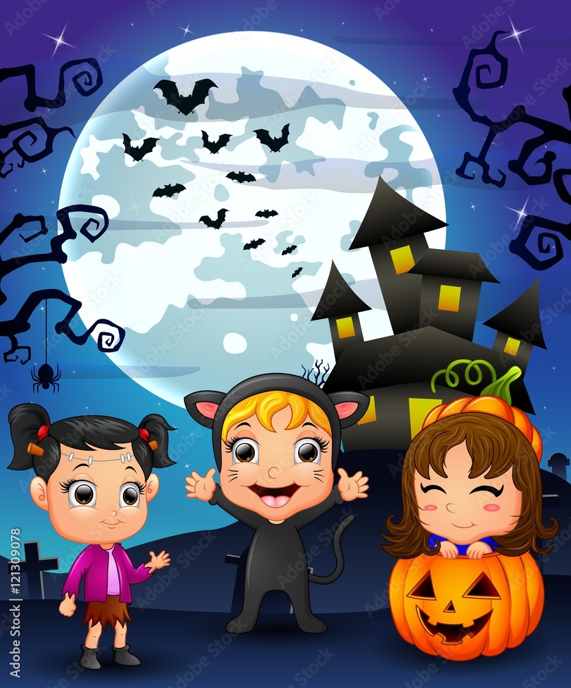 Halloween background with happy girl wearing costume cat, little girl ...