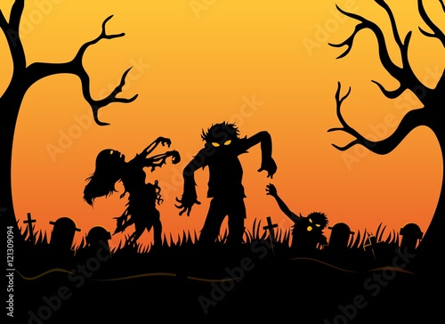 Halloween background with zombies, tombstones and on the cemetery