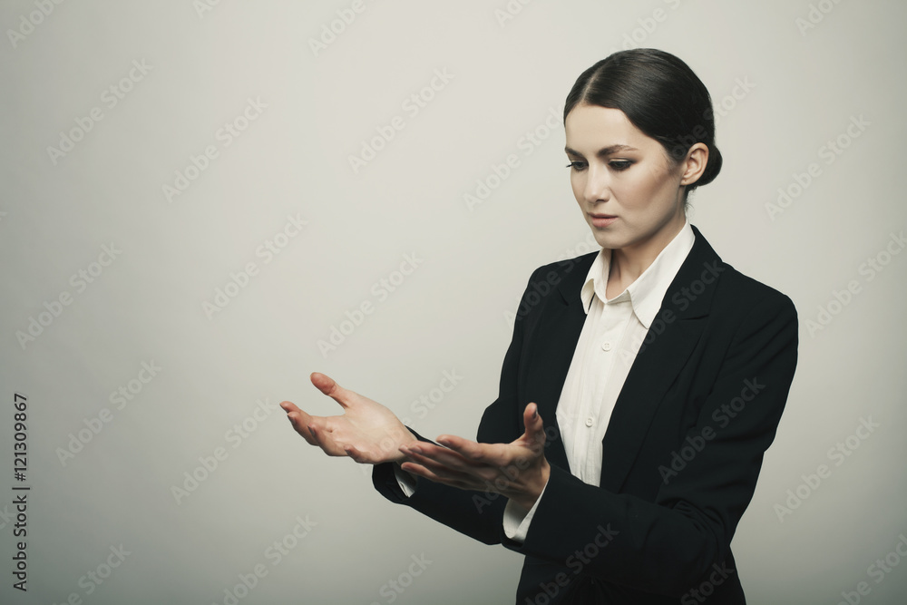 Young business woman holding two hand isolated Young business woman holding two hand isolated
