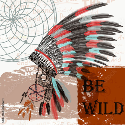 17).Ethnic fashion illustration with Indian head dress boho styl