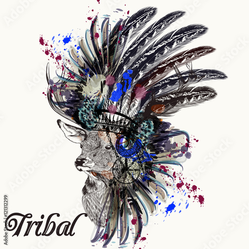 Fashion illustration with Indian head dress deer and ink spots b