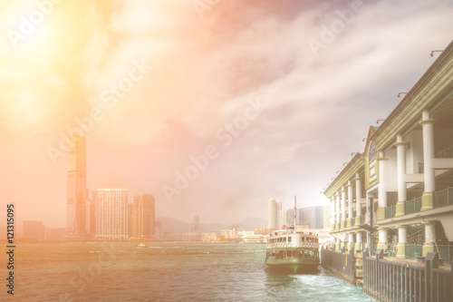 Photography ferry leave the dock Victoria Harbor in Hong Kong