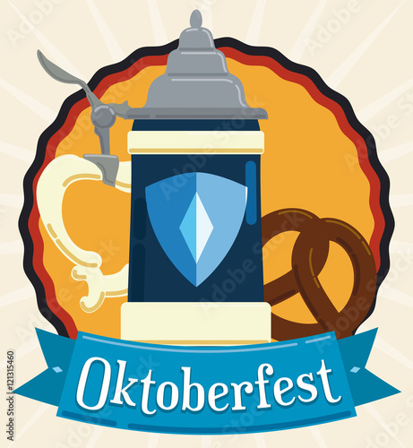 Poster in Flat Style with Oktoberfest Stein and Pretzel, Vector Illustration