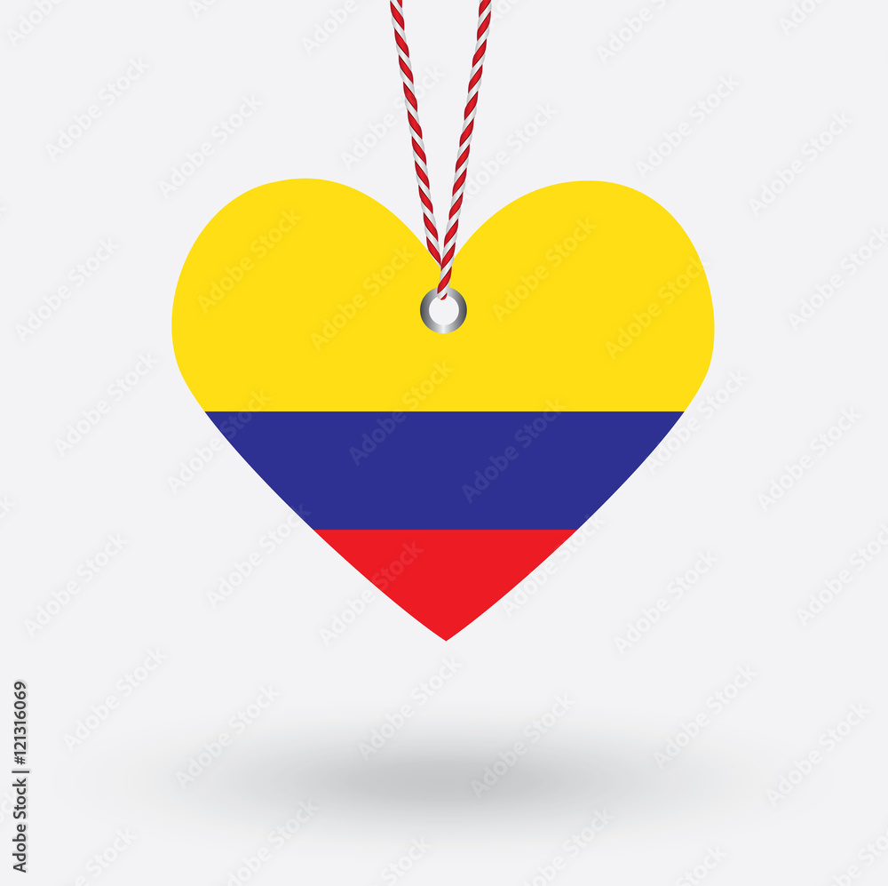 Colombia flag in the shape of a heart with hang tags