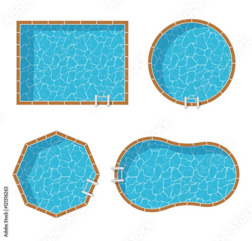 Swimming pools top view set isolated on white background. Blue water leisure relaxation holiday travel. Resort swimming vector pool icon luxury lifestyle tropical outdoor.