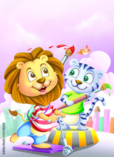 Cat and lion play with pain...