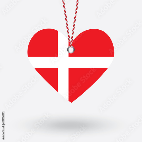 Denmark flag in the shape of a heart with hang tags