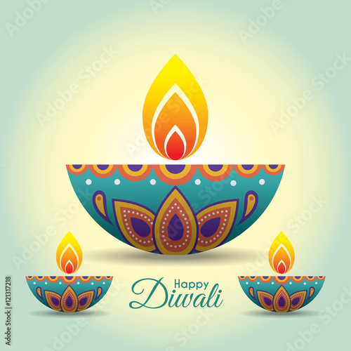 Diwali or Deepavali greeting with beautiful burning diwali diya (india oil lamp). Festival of Lights celebration vector illustration.