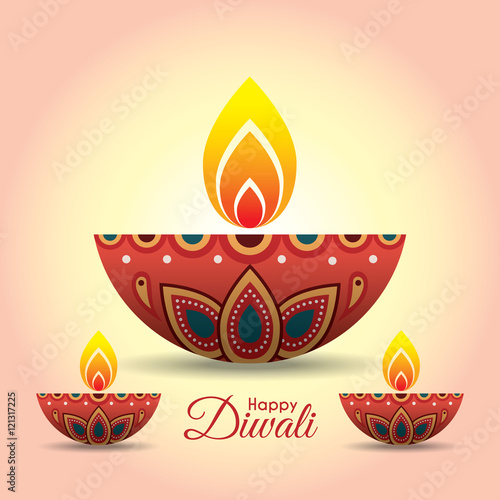 Diwali or Deepavali greeting with beautiful burning diwali diya (india oil lamp). Festival of Lights celebration vector illustration.