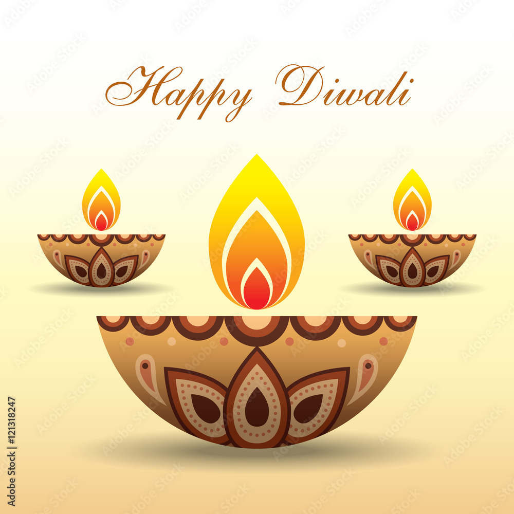Naklejka premium Diwali or Deepavali greeting with beautiful burning diwali diya (india oil lamp). Festival of Lights celebration vector illustration.