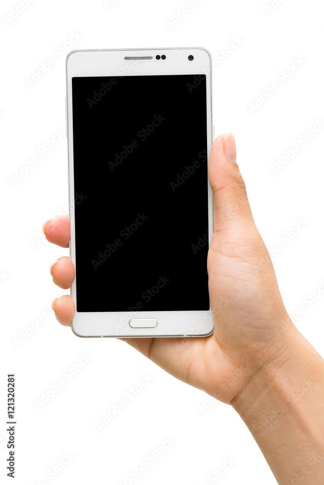 Asian women hand holding white mobile smart phone with black bla