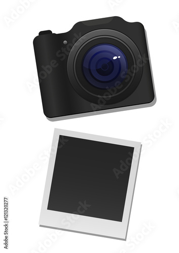 photo camera and paper on white background