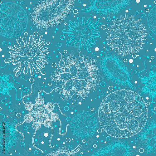 Seamless pattern with microbes and viruses. Hand drawn vector illustration.