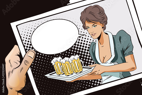 Hand with photo. Girl waitress with beer.