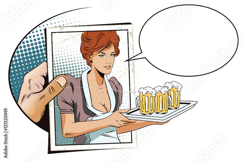 Hand with photo. Girl waitress with beer.