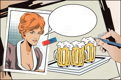 Hand paints picture. Girl waitress with beer.