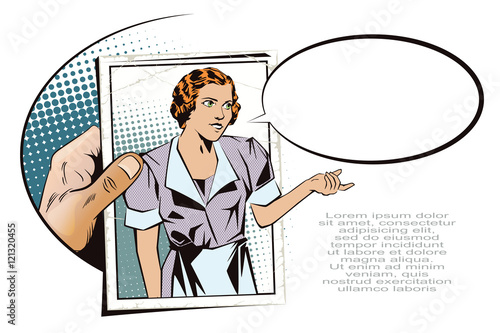 Hand with photo. Girl waitress. People in retro style