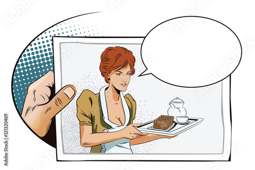 Hand with photo. Girl waitress with breakfast.