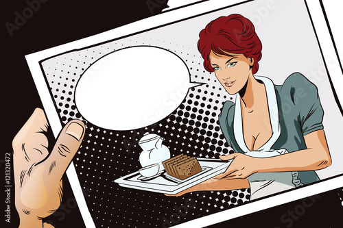 Hand with photo. Girl waitress with breakfast.
