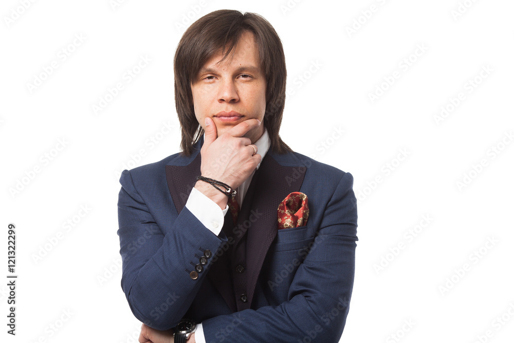 long-haired brunette handsome man in blue suit and watches with long-haired brunette handsome man in blue suit and watches with