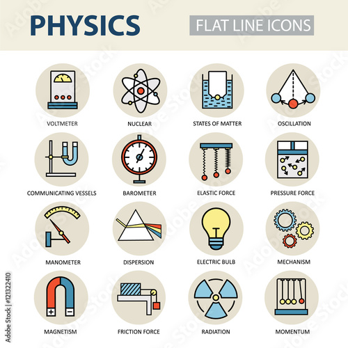 Modern thin linear vector icons of physics and laboratory experiments.