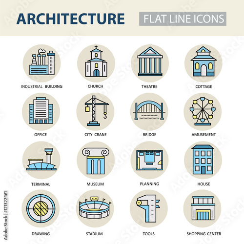 Set of modern linear icons with architecture elements.