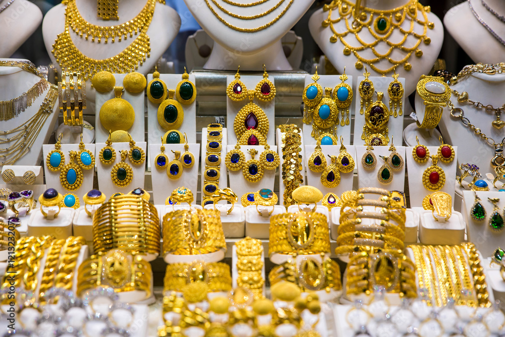 Gold Jewelry at the Grand Bazaar in Istanbul Turkey . Stock Photo