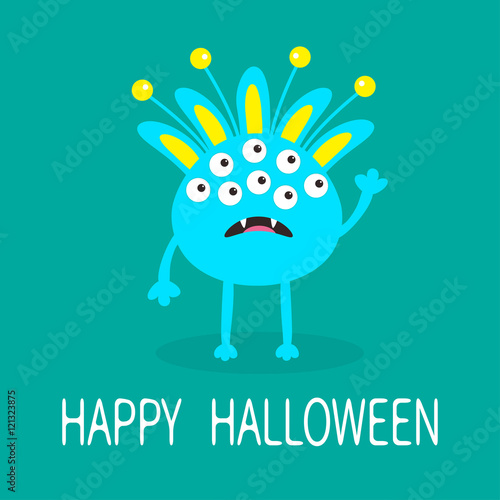 Happy Halloween greeting card. Blue monster with ears, fang tooth. Funny Cute cartoon character. Baby collection. Flat design. Green background.
