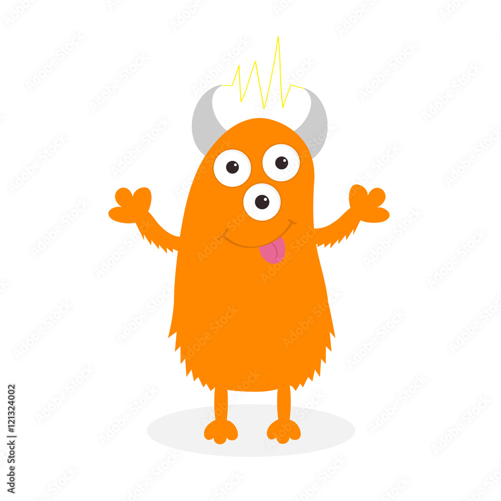 Orange monster with eyes, horns, tongue, electricity line. Funny Cute cartoon  character. Baby collection. Isolated. Happy Halloween card. Flat design.  White background. Stock Vector | Adobe Stock